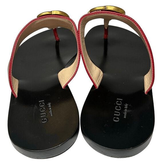 Gucci Marmont GG Logo T-Strap Thong Sandals Red Leather Flats EU 37 US 7 - Picture 9 of 11